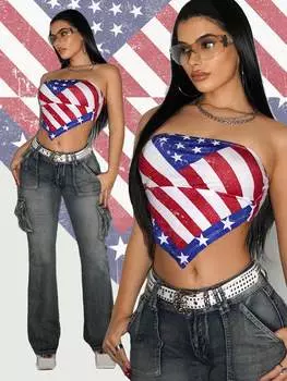SHEIN ICON женская летняя одежда Y2k, модный топ без бретелек с принтом американского флага, подходит для Дня независимости, многоцветный