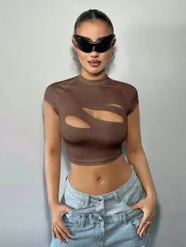 SHEIN ICON женская летняя однотонная тонкая сексуальная футболка с воротником-стойкой и короткими рукавами, кофейно-коричневый