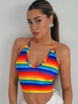 SHEIN ICON Женская летняя повседневная майка в полоску с бретелькой на шее Y2K Фестивальное платье Rave с V-образным вырезом Радужный топ с открытой спиной, многоцветный