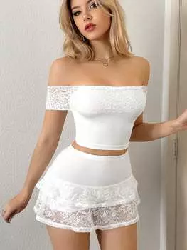 SHEIN ICON женский кружевной топ с открытыми плечами и заниженной талией, мини-юбка-леггинсы с кружевным подолом и низкой талией, весенний короткий комплект из двух предметов, белый цвет