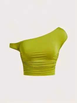 SHEIN ICON женский летний однотонный укороченный тонкий асимметричный вырез с открытыми плечами Y2K зеленый топ с открытыми плечами, зеленый