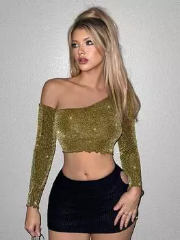 SHEIN ICON Женский топ, асимметричный, блестящий вырез, укороченный, золотой