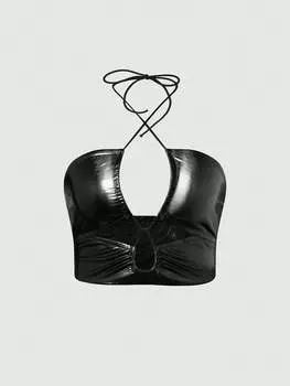 SHEIN ICON Женский топ с бретелькой на бретельках, металлик, с вырезами, черный цвет