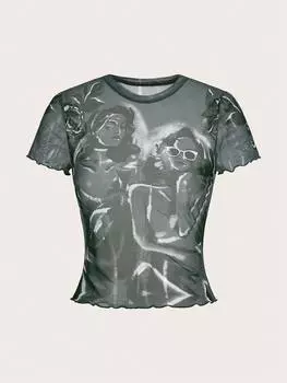 SHEIN ICON Женский топ, с цветочным принтом, рисунок, сетка, темно-серый