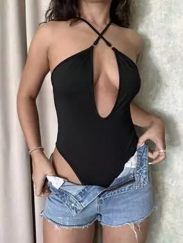 SHEIN ICON Женское боди с глубоким V-образным вырезом, крестовый дизайн, черный цвет