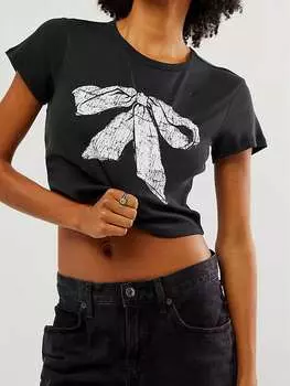 SHEIN Короткая футболка Frenchy с бантом и принтом, подходящая для лета, черный цвет