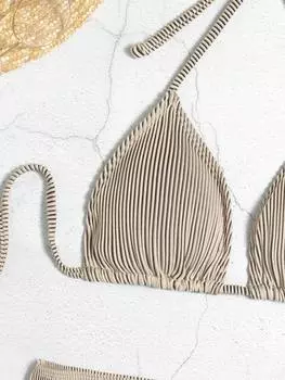 SHEIN Купальник бикини с треугольными чашечками, высокий вырез и пляжная юбка, 3 шт, хаки