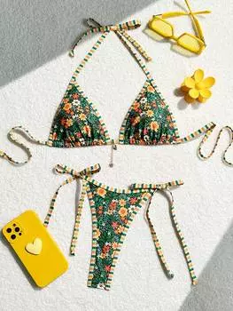 SHEIN летний пляжный женский праздничный случайный цветочный принт бандо с завязками на спине комплект бикини модный простой, многоцветный