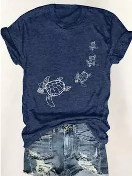 SHEIN LUNE Футболка, черепаховый узор, короткие рукава, круглый вырез, темно-синий