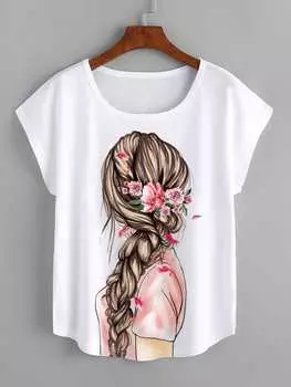 SHEIN LUNE Футболка, фигурный принт, рукава «летучая мышь», изогнутый низ, белый цвет