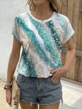 SHEIN LUNE Футболка, тай-дай, градиентный цвет, небольшой круглый вырез, белый цвет