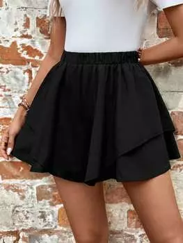 SHEIN LUNE Летняя однотонная повседневная многослойная юбка, черный цвет