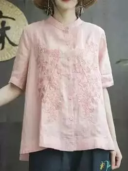 SHEIN LUNE новая женская летняя рубашка с открытой передней частью и розовой текстурой в китайском стиле с вышивкой, розовый