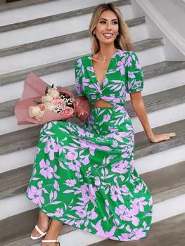 SHEIN LUNE Платье с цветочным принтом, вырез, рюши спереди/рюши, многоцветный