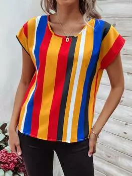 SHEIN LUNE тканая рубашка, цветной блок, круглый вырез, многоцветный