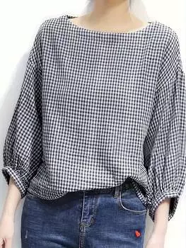 SHEIN LUNE весенне-осенняя женская повседневная рубашка свободного кроя с клетчатым узором, круглым вырезом и заниженными рукавами, темно-синий