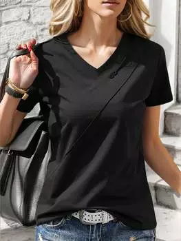 SHEIN LUNE женская футболка с коротким рукавом, декорированные пуговицами, черный цвет