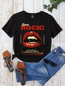 SHEIN LUNE Женская летняя футболка облегающего кроя с короткими рукавами, принтом губ и принтом букв на шее, черный цвет