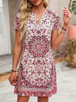 SHEIN LUNE женское платье, растения, узор, V-образный вырез, многоцветный