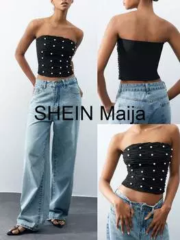 SHEIN Maija, приталенный топ без бретелек, расшитый бисером, искусственный жемчуг, плиссированный топ, черный цвет