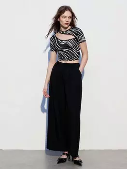 SHEIN Maija Женская черно-белая укороченная повседневная футболка со сплошным принтом, черный и белый