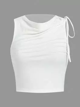 SHEIN Майка Qutie, однотонная, кулиска, воротник, белый цвет