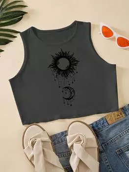 SHEIN Майка с круглым вырезом EZwear, узор «солнце и луна», темно-серый