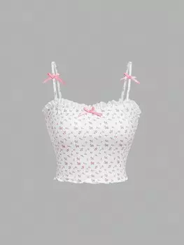 SHEIN MOD цветочный принт, бант, кружевной край, майка-бретелька, топ, белый цвет