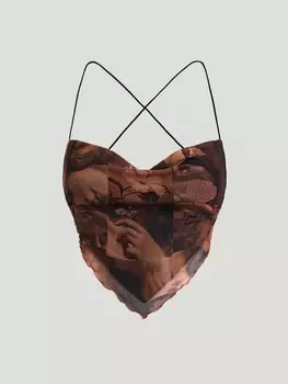 SHEIN MOD цветочный принт и прошитый узор на ткани, волнистый край, воротник, открытая спина, однобортная рубашка, бандана, распашной воротник, воротник рубашки, тюрбан. Укороченный топ с открытой спиной, многоцветный