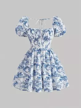 SHEIN MOD фигурное платье с растительным принтом, рукавами-фонариками, завязывающимися сзади, синий и белый