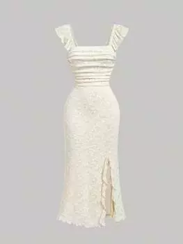 SHEIN MOD Летнее вечернее абрикосовое платье-миди с рюшами и открытой спиной и завязками-трапецией, абрикосовый цвет