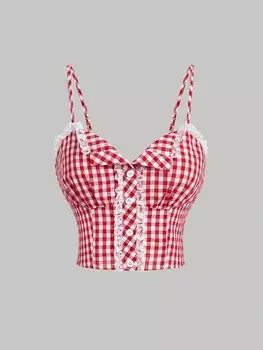 SHEIN MOD Майка Camisole, красно-белая, клетчатый узор, кружево, вырез на пуговицах спереди, красный и белый
