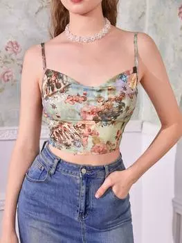 SHEIN MOD, однобортная рубашка, цветочный узор и узор ангела, драпированная передняя часть, многоцветный