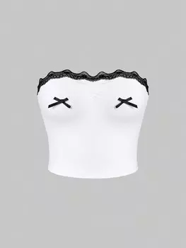 SHEIN MOD рубашка без бретелек, бабочка, бант, кружевной край, белый цвет