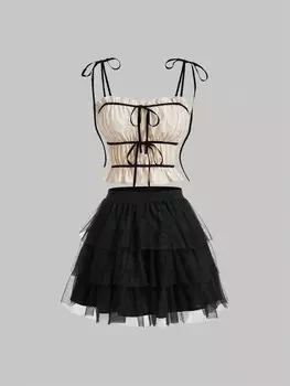 SHEIN MOD Сетчатый галстук-бабочка с ремешком-спагетти, комплект из двух предметов, летний сладкий винтажный комплект, черный цвет