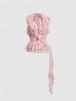 SHEIN MOD топ с воротником-хомутом, узор роза, рюши/рюши, крой, завязки сзади, многоцветный