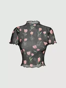SHEIN MOD Женская футболка, узор тюльпан, сетка, цветочный принт, резинка, воротник, короткий рукав, черная, на лето, многоцветный