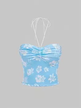 SHEIN MOD женская летняя майка с цветочным принтом и бретелькой на шее, голубой