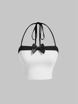 SHEIN MOD Женская майка на бретельках, украшенная бантом, бретелька на шее, завязанная, без рукавов, черный и белый