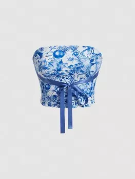 SHEIN MOD женская рубашка без бретелек, цветочный принт, завязка спереди, цвет синий