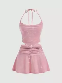 SHEIN MOD: женский комплект из топа с бретелькой и плиссированной юбки, розовый