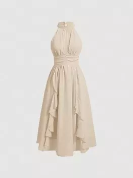 SHEIN MOD женское платье, однотонное, воротник-хомутик, рюши/рюши, абрикосовый цвет