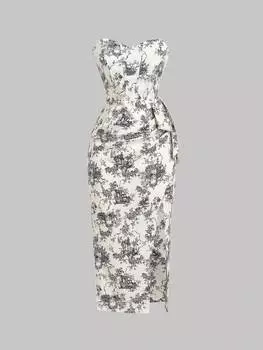 SHEIN MOD женское винтажное сине-белое бандажное пляжное платье без бретелек с фарфоровым принтом Платье Odycon, Пасхальное платье, Платье с открытыми плечами, Весеннее платье, черный и белый