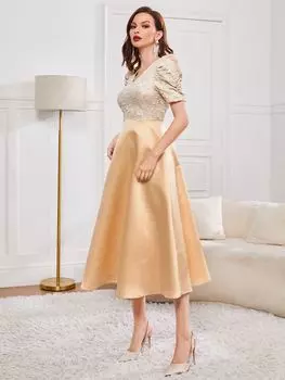 SHEIN Модельное платье с пышными рукавами, А-силуэта, цвет шампанского