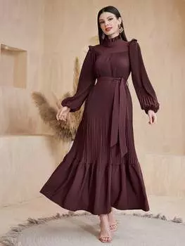 SHEIN Модельное женское платье, плиссе, высокий воротник, рукава-фонарики, арабские складки, коричневый цвет