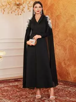 SHEIN Modely Женское вечернее платье с V-образным вырезом, рукавами-накидками, накладным слоем, украшенным стразами и искусственным жемчугом, черный цвет