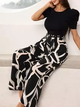 SHEIN Mulvari женский летний однотонный топ с круглым вырезом, короткими рукавами-фонариками и комплект брюк с узором, черный цвет