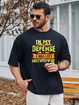 SHEIN Мужская футболка оверсайз Manfinity Homme plus size, надпись, рисунок, черный цвет