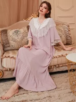 Shein Palace Nights, Длинная ночная рубашка, плиссированная юбка, грудь спереди, кружевной декор Shein, пастельно-розовый