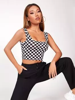 SHEIN PETITE Короткая майка клетчатый узор, черный и белый